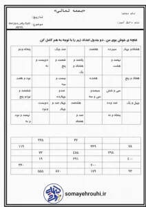 کاربرگ ریاضی جدول اعداد دوم دبستان 2 ریاضی دوم ابتدایی