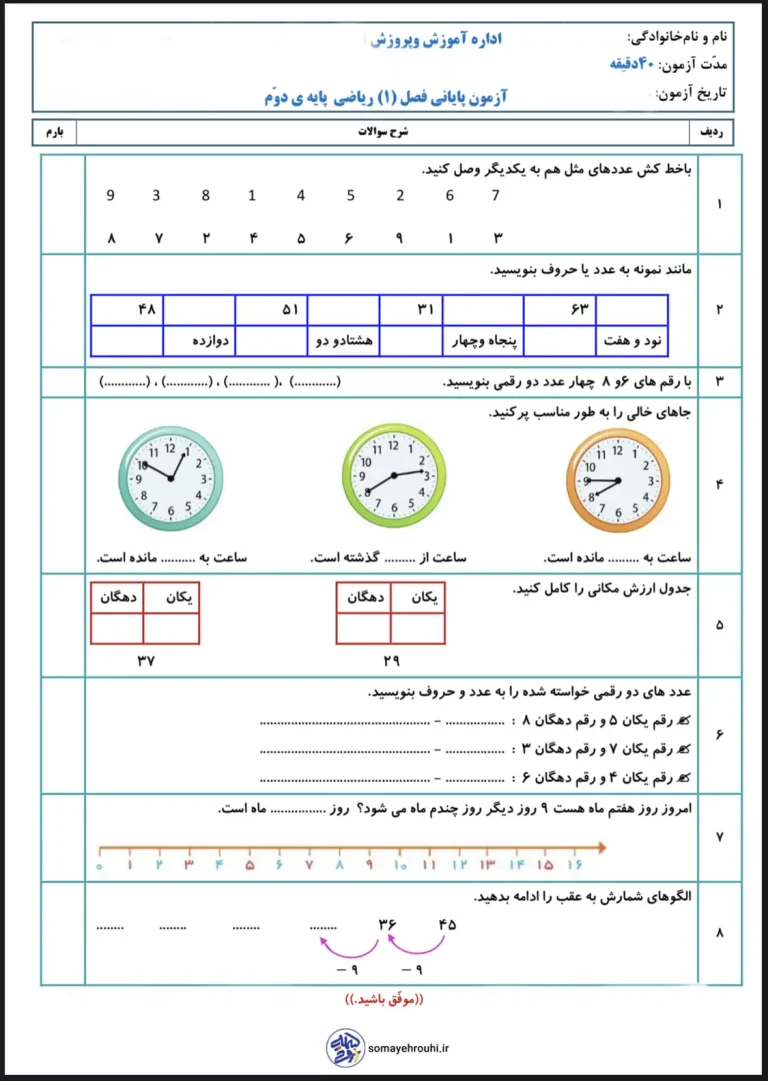 آزمون ریاضی پایه دوم دبستان