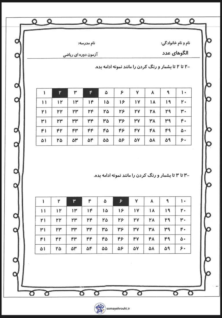 آزمون مرور ریاضی اول دبستان مبحث الگوهای عددی
