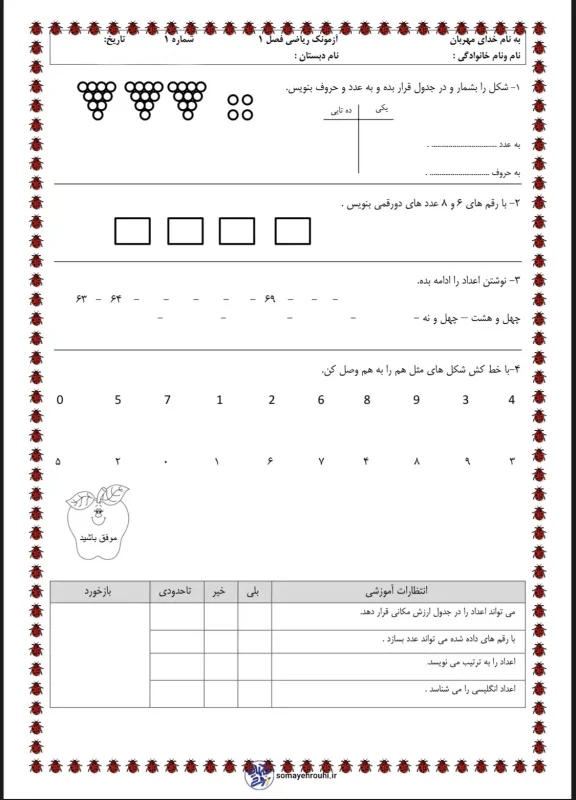 دانلود رایگان آزمون ریاضی دوم دبستان فصل یکم
