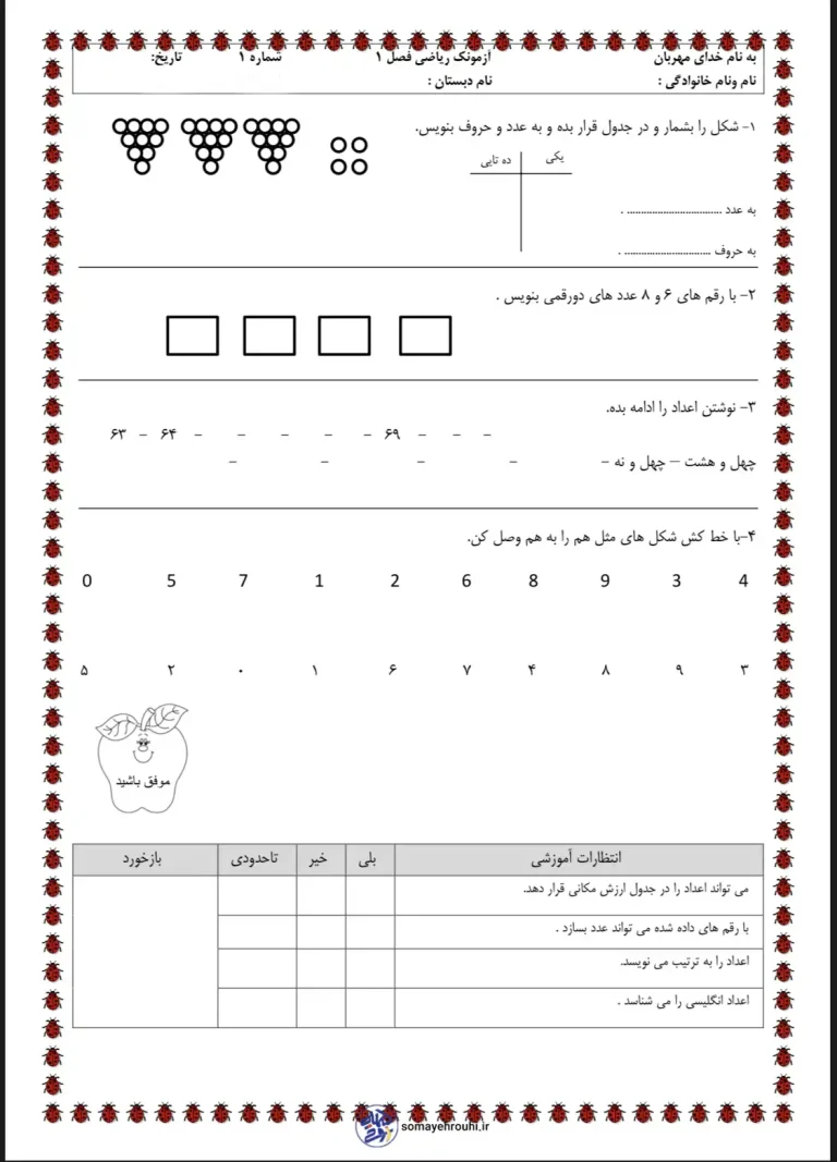 دانلود رایگان آزمون ریاضی دوم دبستان فصل یکم