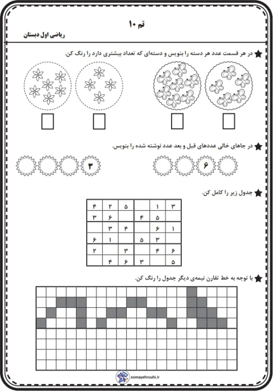 کاربرگ ریاضی اول دبستان تم 10
