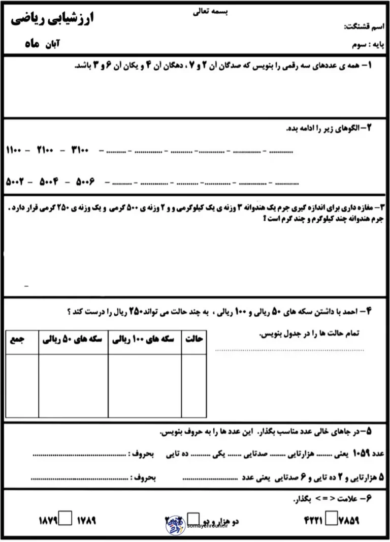 کاربرگ ارزشیابی ریاضی سوم