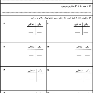 کاربرگ آموزش اعداد 10 تا 19