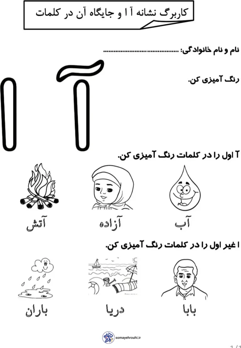 کاربرگ تمرین نشانه آ
