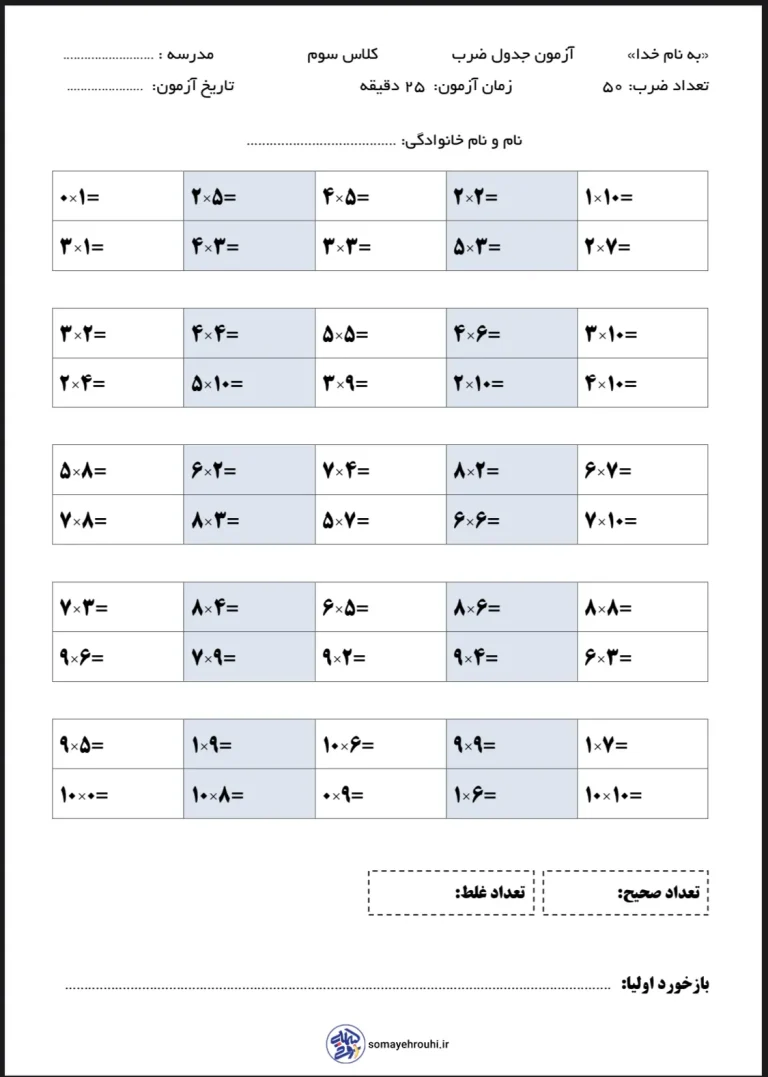 آزمون جدول ضرب سوم دبستان pdf