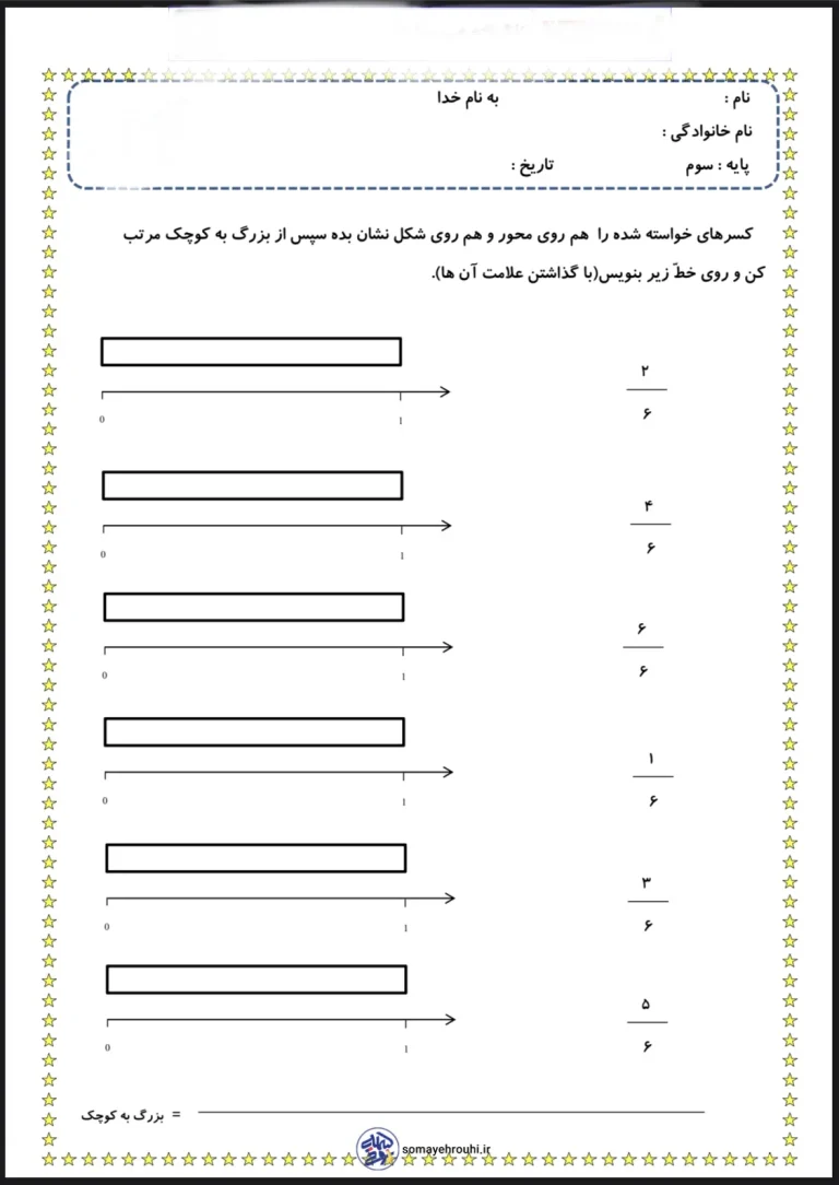 آزمون ریاضی فصل 3 کسرها پایه سوم دبستان