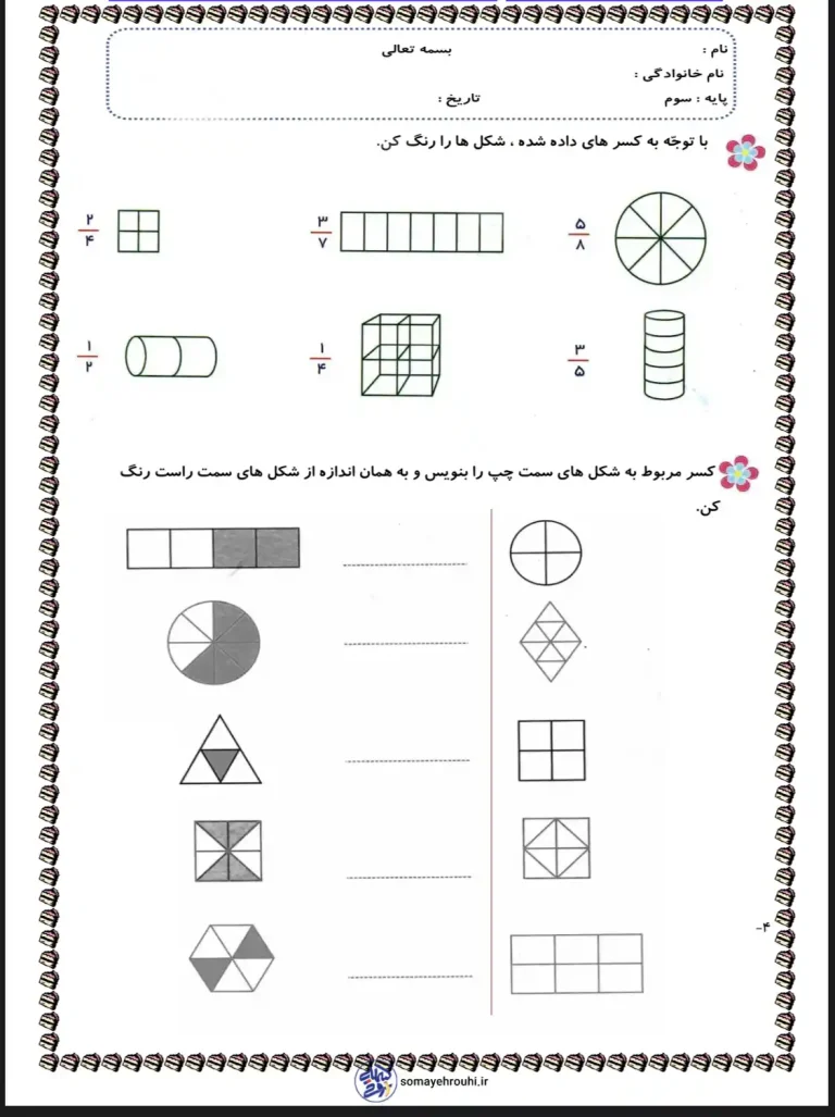 ارزشیابی فصل کسرها ریاضی پایه سوم دبستان