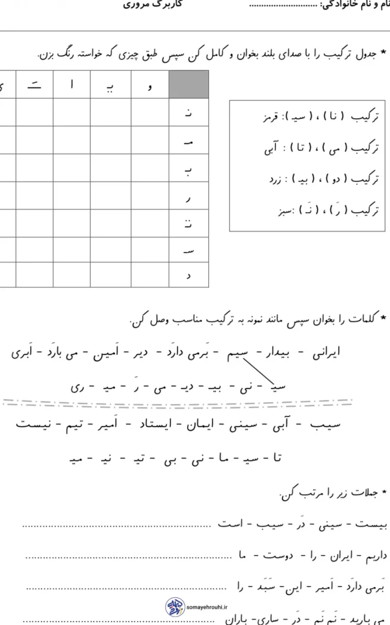 کاربرگ فارسی و ریاضی آذرماه کلاس اول