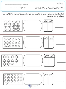 کاربرگ ریاضی جدول ارزش مکانی اول دبستان