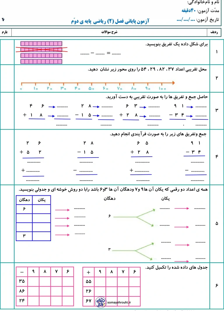 آزمون فصل دوم ریاضی دوم دبستان