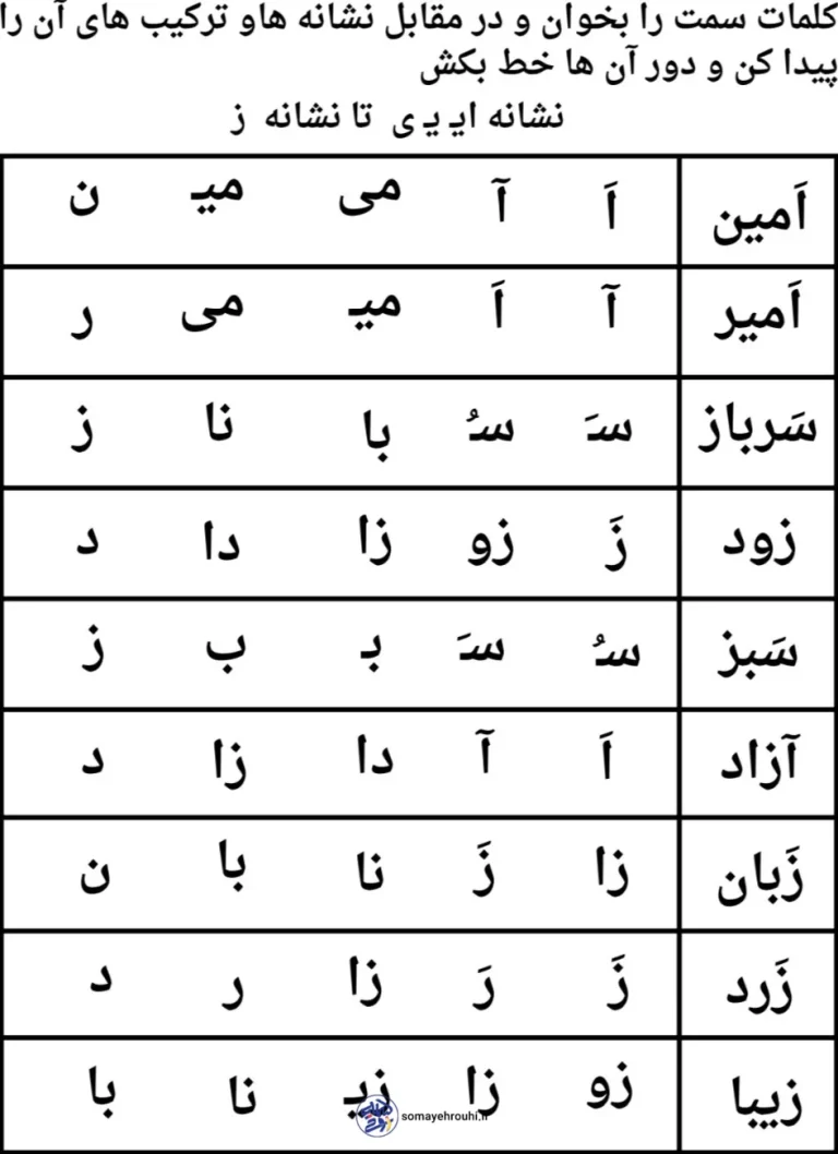 تکلیف رایگان فارسی نشانه (ای- تا- ز) پایه اول
