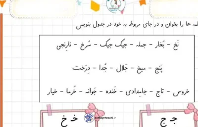 کاربرگ رایگان فارسی حرف (ج) کلاس اول