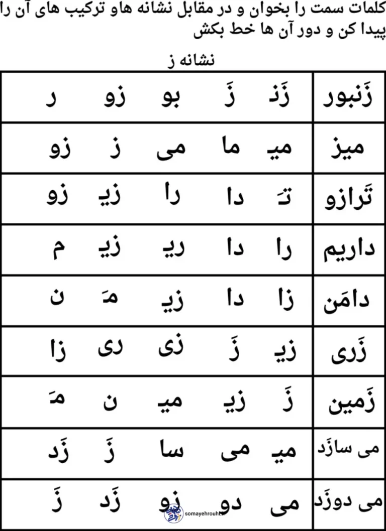 کاربرگ رایگان فارسی نشانه «ز» پایه اول ابتدایی