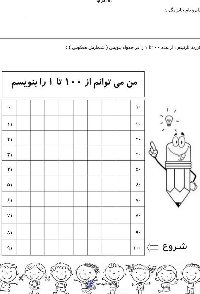 کاربرگ عددنویسی به عقب 1 تا 100