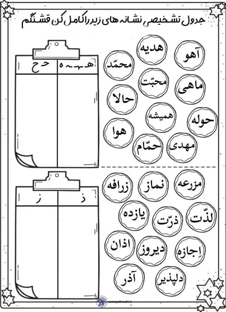 کاربرگ جدول تشخیصی نشانه های فارسی اول