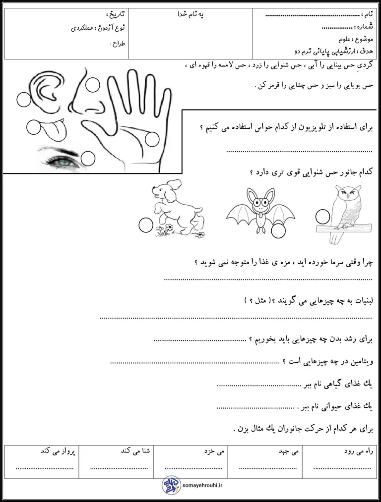 ارزشیابی پایانی ترم دو علوم کلاس اول دبستان